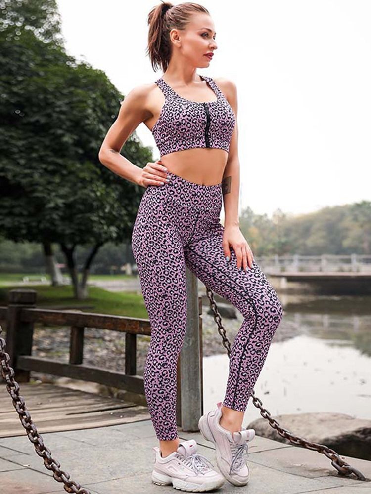 Kvinnatryck Snabbtork Leopard Zipper Running Workout Set