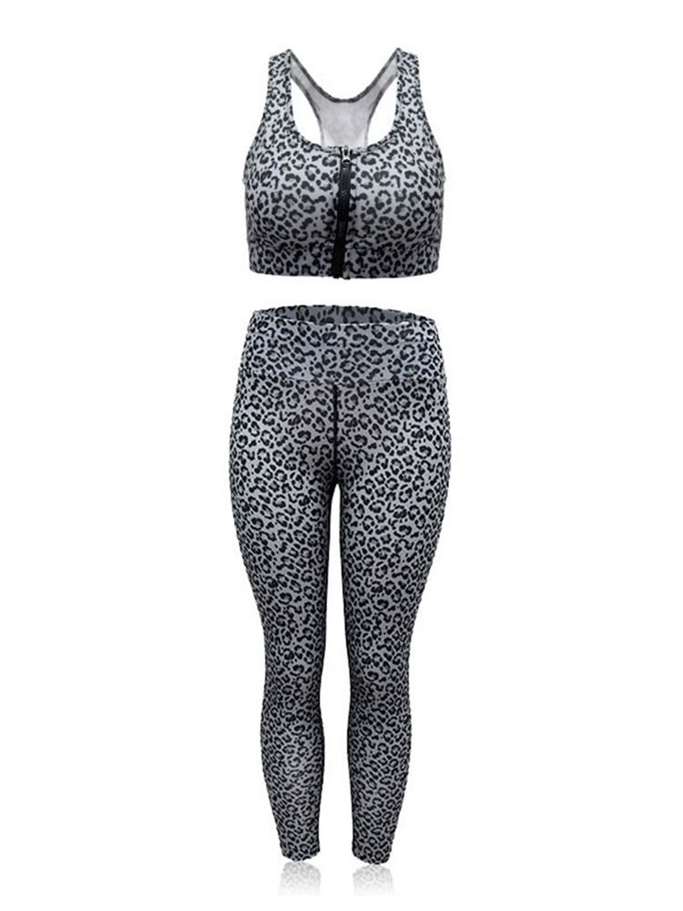 Kvinnatryck Snabbtork Leopard Zipper Running Workout Set