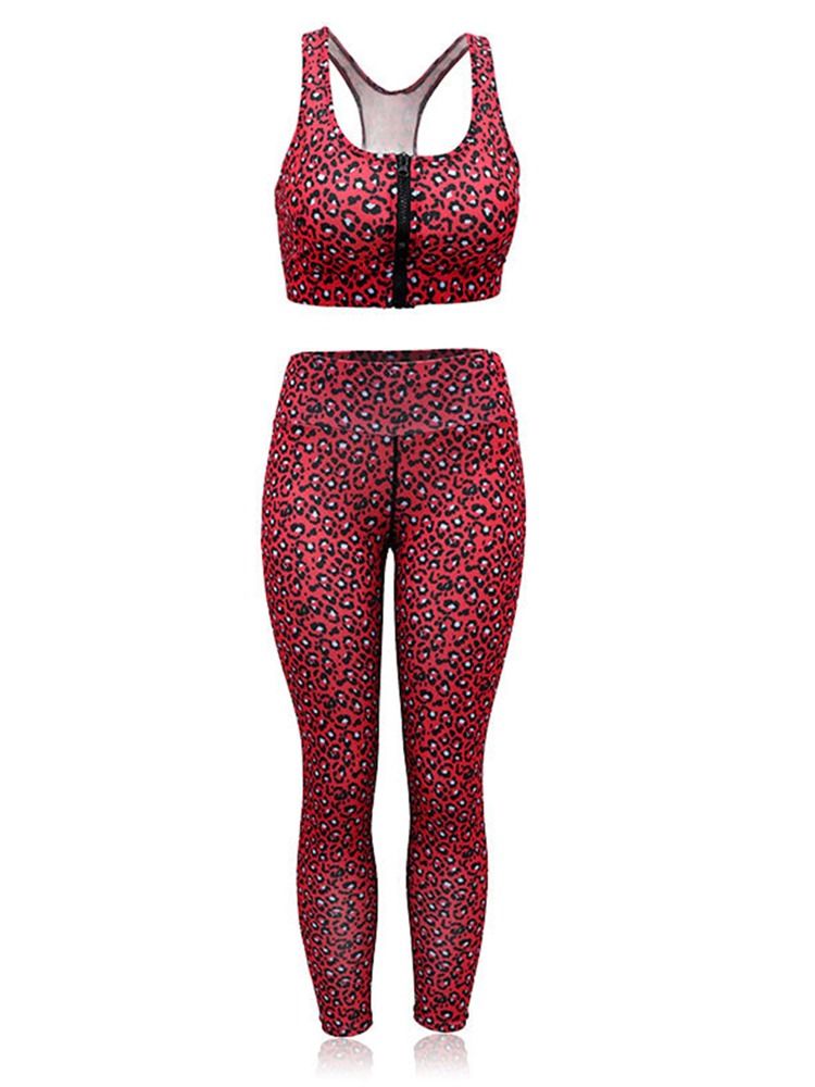 Kvinnatryck Snabbtork Leopard Zipper Running Workout Set