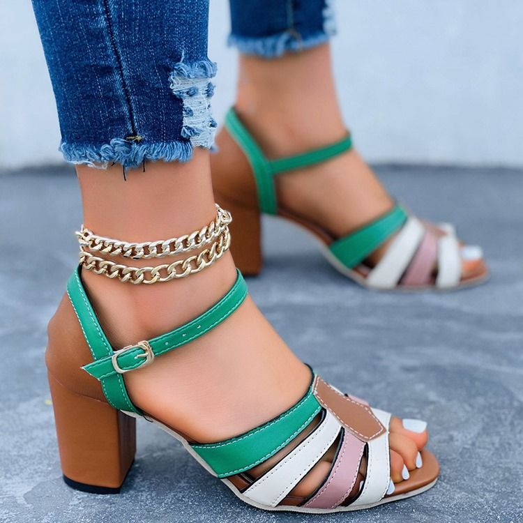 Buckle Chunky Heel Peep Toe Color Block Dam Sandaler