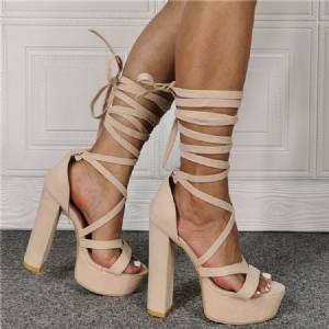 Chunky Heel Lace-up Round Toe Beige Dam Sandaler