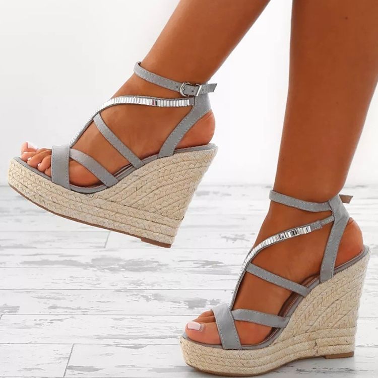 Dam Sandaler Med Vävt Strass Kardborrband Kardborreklack Espadrille