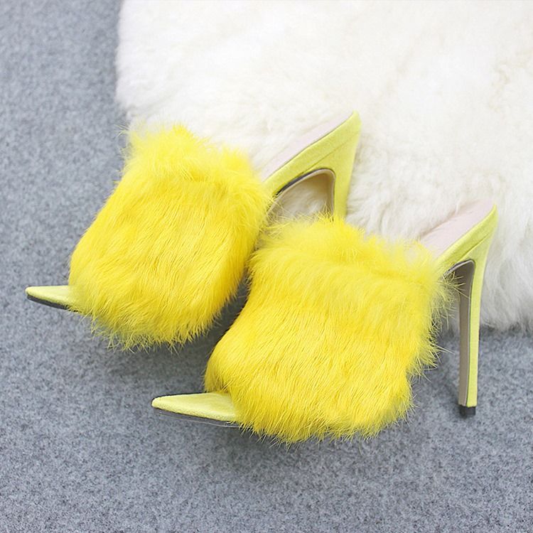 Faux Fur Flip Flop Stiletto Heel Mules Shoes För Kvinnor