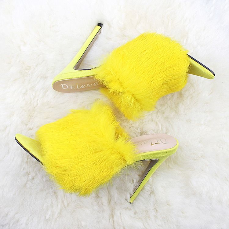 Faux Fur Flip Flop Stiletto Heel Mules Shoes För Kvinnor