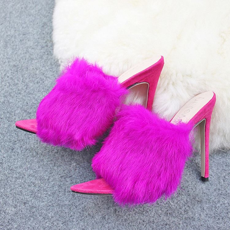 Faux Fur Flip Flop Stiletto Heel Mules Shoes För Kvinnor