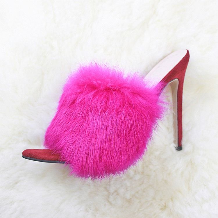 Faux Fur Flip Flop Stiletto Heel Mules Shoes För Kvinnor