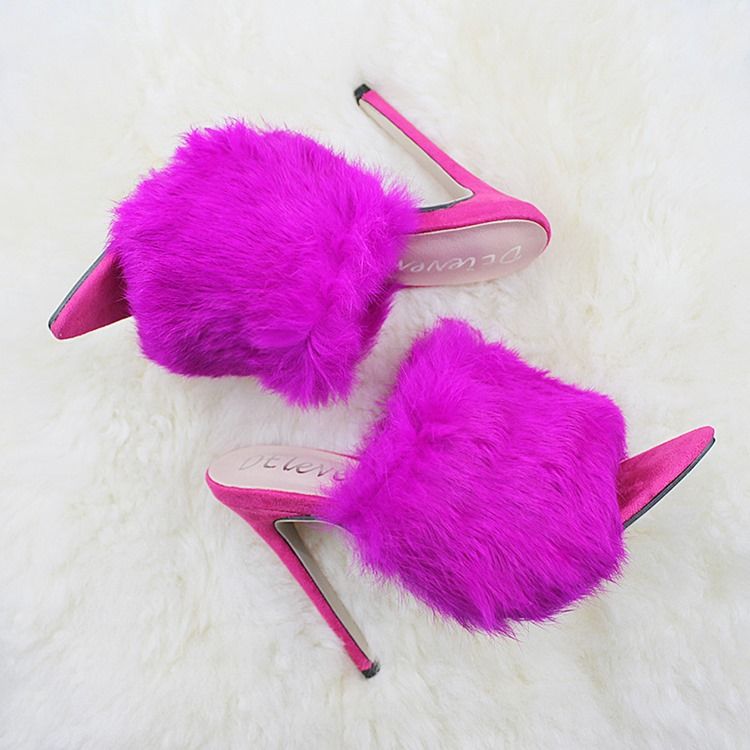 Faux Fur Flip Flop Stiletto Heel Mules Shoes För Kvinnor