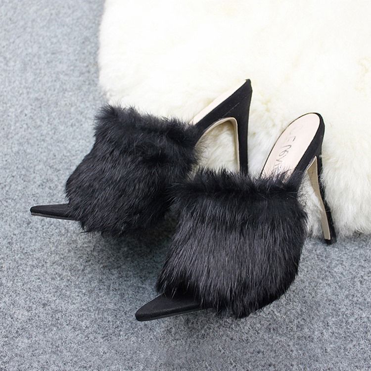 Faux Fur Flip Flop Stiletto Heel Mules Shoes För Kvinnor