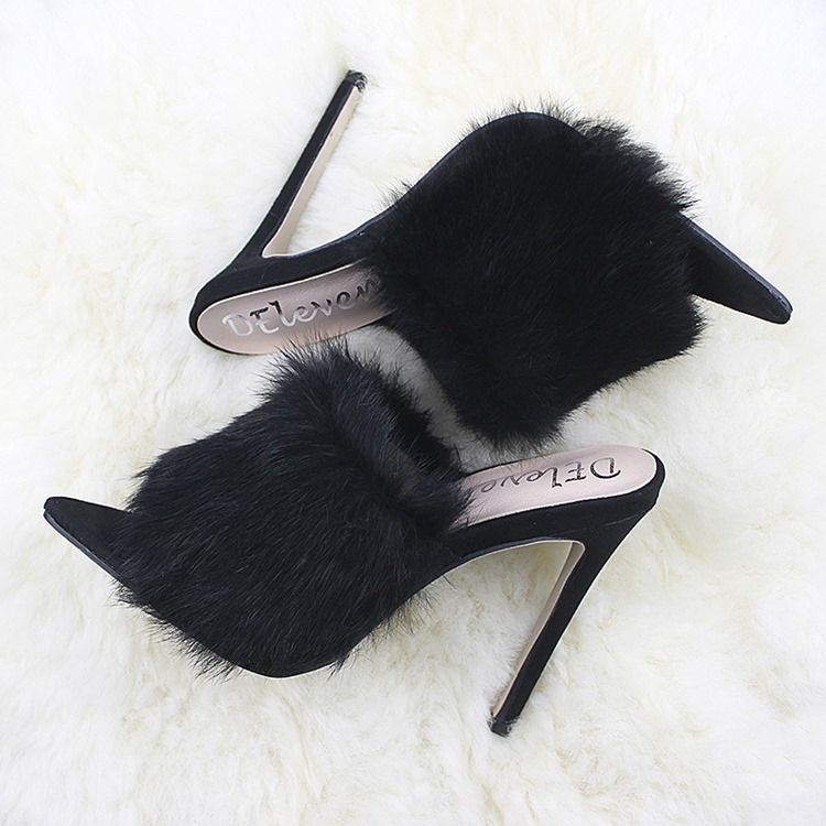 Faux Fur Flip Flop Stiletto Heel Mules Shoes För Kvinnor