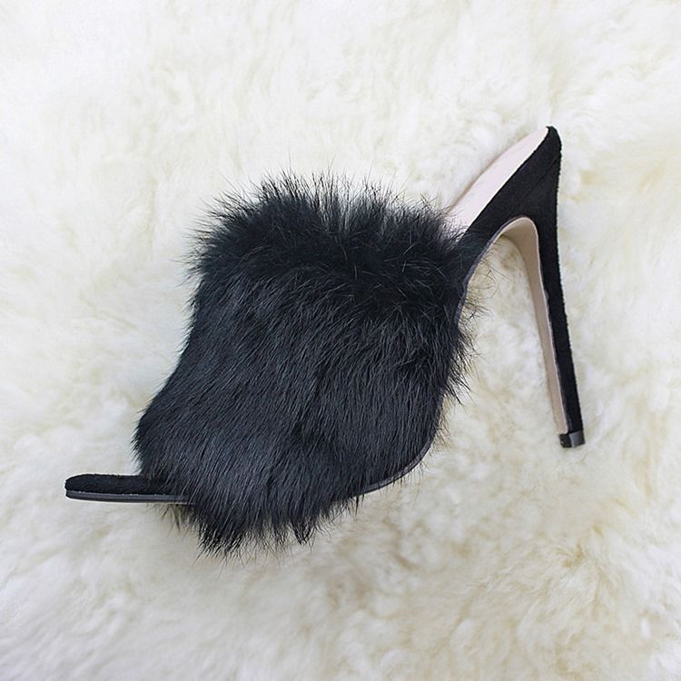 Faux Fur Flip Flop Stiletto Heel Mules Shoes För Kvinnor