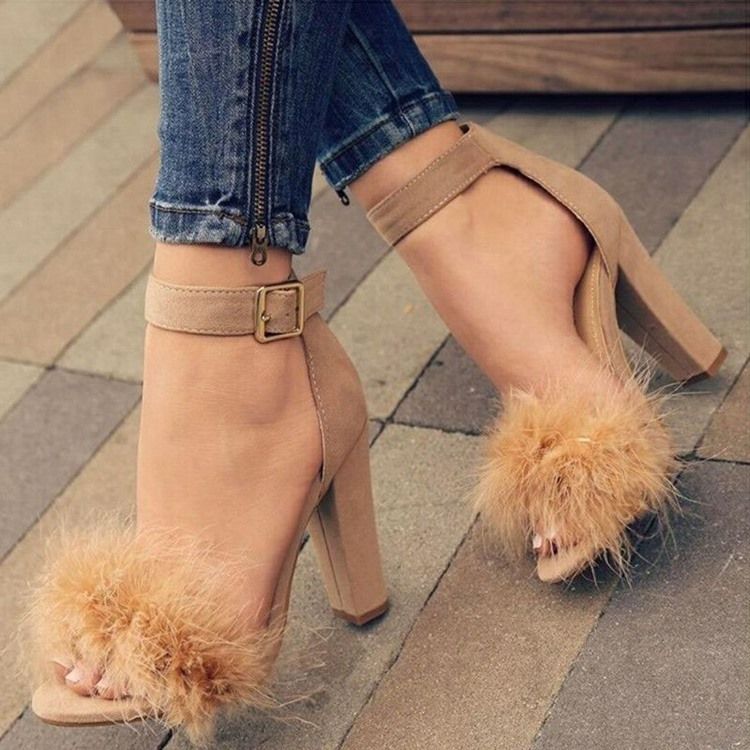 Faux Fur Heel Covering Chunky Heel Dam Sandaler