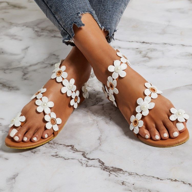 Floral Toe Ring Slip-on Dam Flat Sandaler