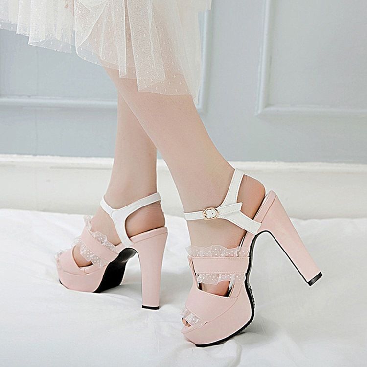 Kvinnor Buckle Peep Toe Chunky Heel Hollow Sandals