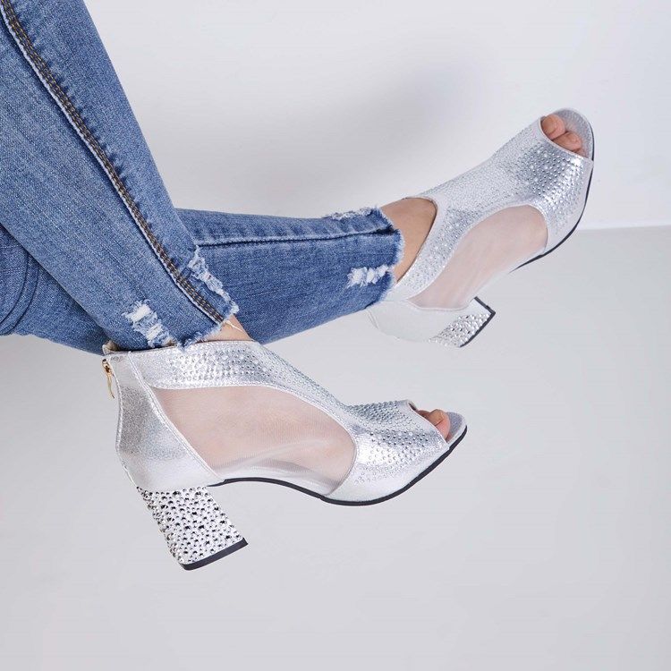 Kvinnor Clear Rhinestone Patchwork Plain Chunky Heel Shoes