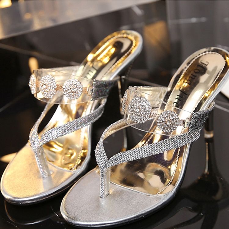 Kvinnor Rhinestone Sequin Thong Slip-on Stiletto Heel Mules Shoes