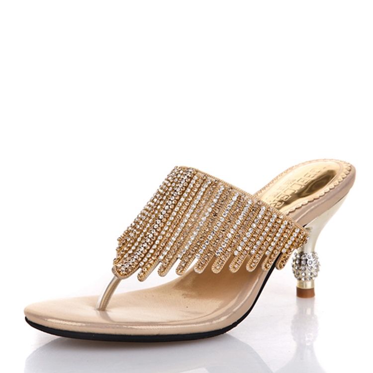 Kvinnor Rhinestone Thong Slip-on Spool Heel Mules Shoes