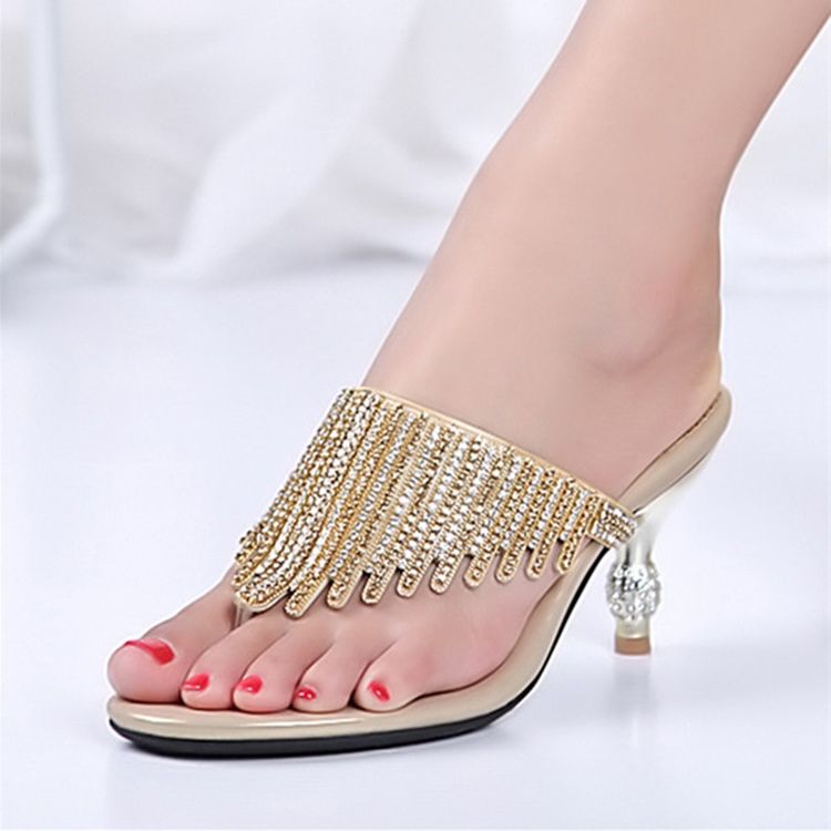 Kvinnor Rhinestone Thong Slip-on Spool Heel Mules Shoes