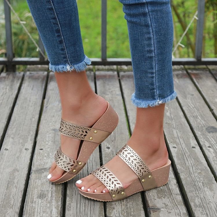 Kvinnor Rhinestone Wedge Heel Slip-on Casual Tofflor