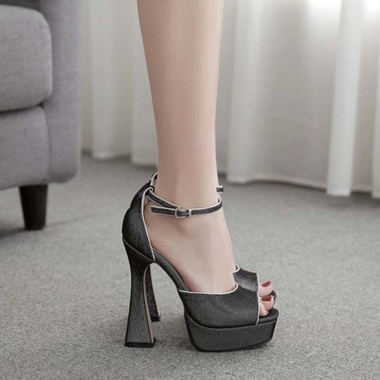 Kvinnors Line-style Buckle Chunky Heel Plain Sandals