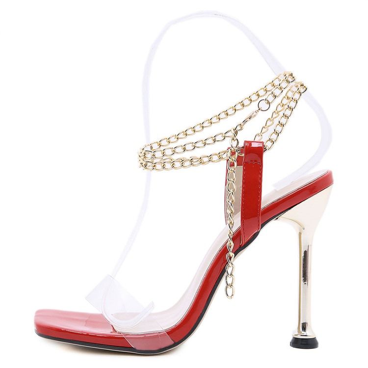 Kvinnors Line-style Buckle Spool Heel Open Toe Banquet Sandals