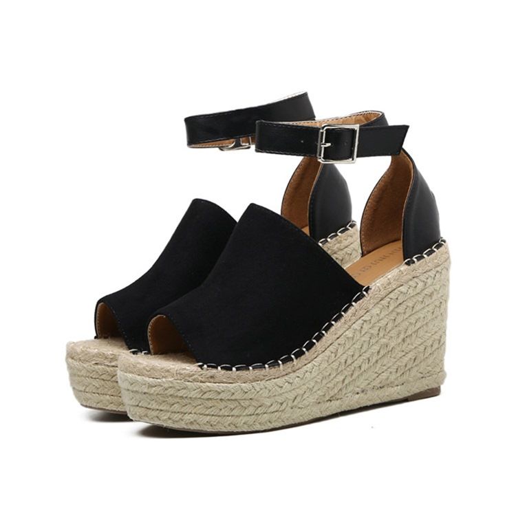 Kvinnors Spänne Peep Toe Platform Espadrille Wedge Sandals