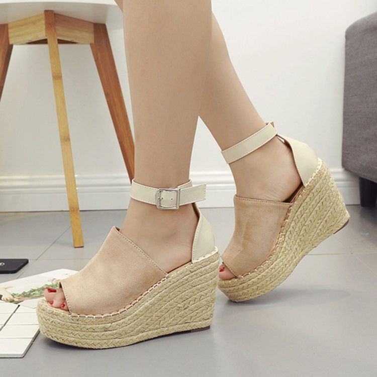 Kvinnors Spänne Peep Toe Platform Espadrille Wedge Sandals