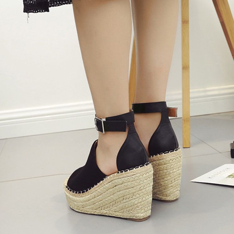 Kvinnors Spänne Peep Toe Platform Espadrille Wedge Sandals