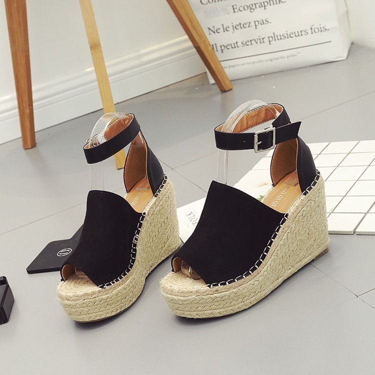 Kvinnors Spänne Peep Toe Platform Espadrille Wedge Sandals