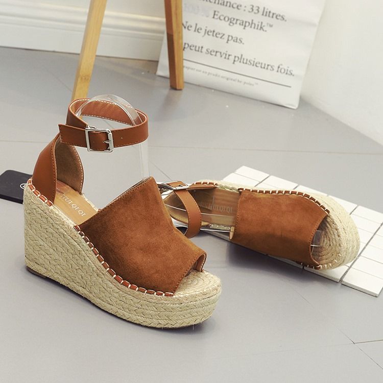 Kvinnors Spänne Peep Toe Platform Espadrille Wedge Sandals