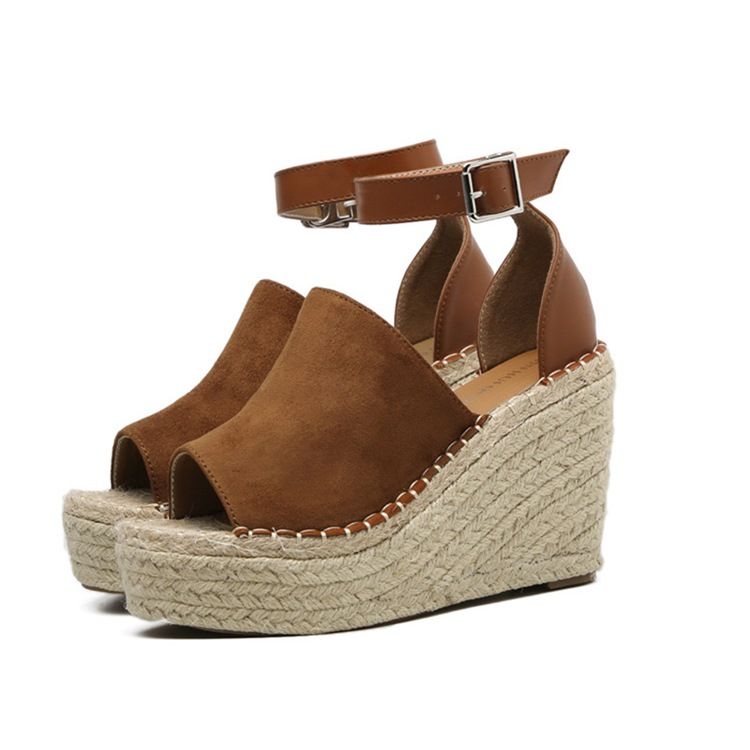 Kvinnors Spänne Peep Toe Platform Espadrille Wedge Sandals