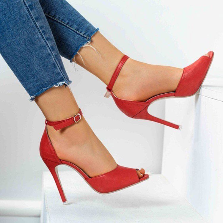 Peep Toe Stiletto Heel Buckle Plain Women's Thin Shoes