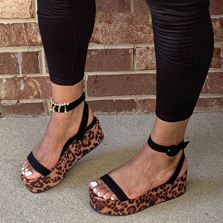 Platform Buckle Round Toe Leopard Sandaler För Kvinnor