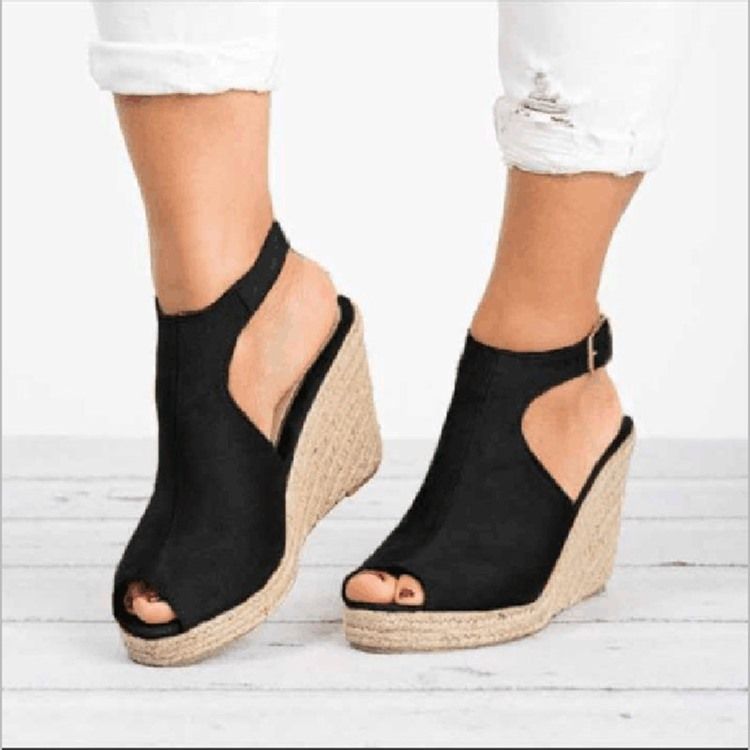 Pu Peep Toe Buckle Wedge Heel Dam Sandaler