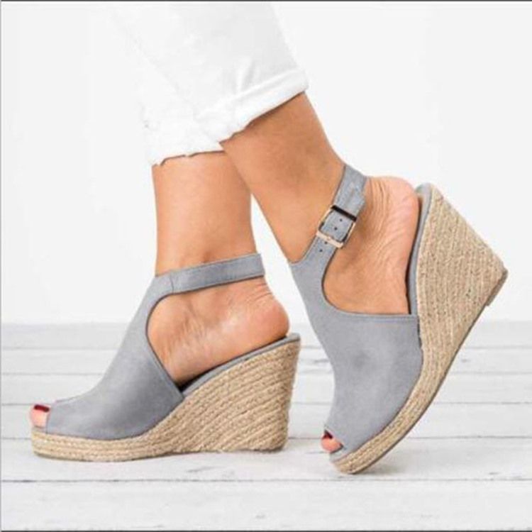 Pu Peep Toe Buckle Wedge Heel Dam Sandaler