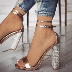 Rhinestone Line-style Buckle Chunky Heel Sandaler För Kvinnor