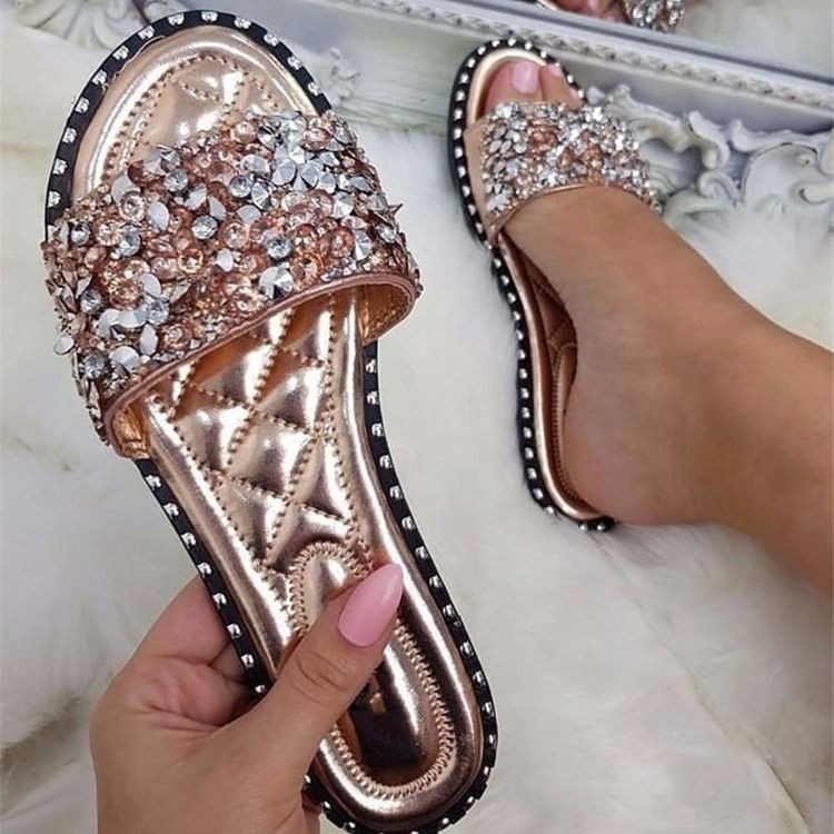 Rhinestone Pu Slip-on Tofflor För Kvinnor