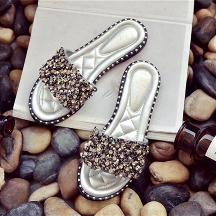 Rhinestone Pu Slip-on Tofflor För Kvinnor