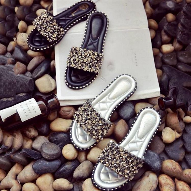 Rhinestone Pu Slip-on Tofflor För Kvinnor