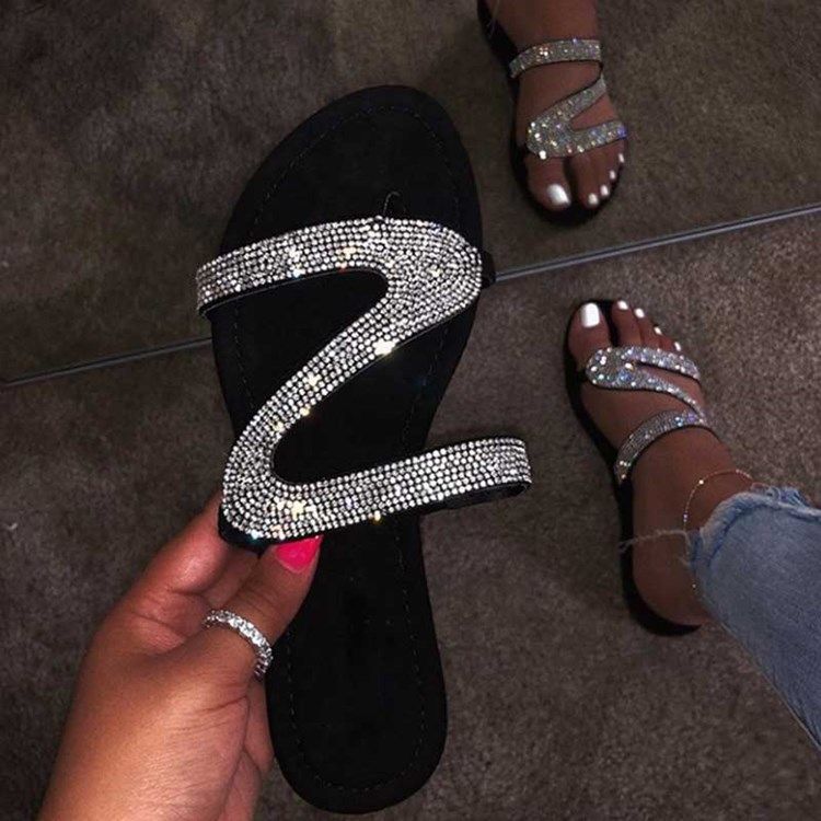 Rhinestone Slip-on Block Heel Flat Sandals För Kvinnor