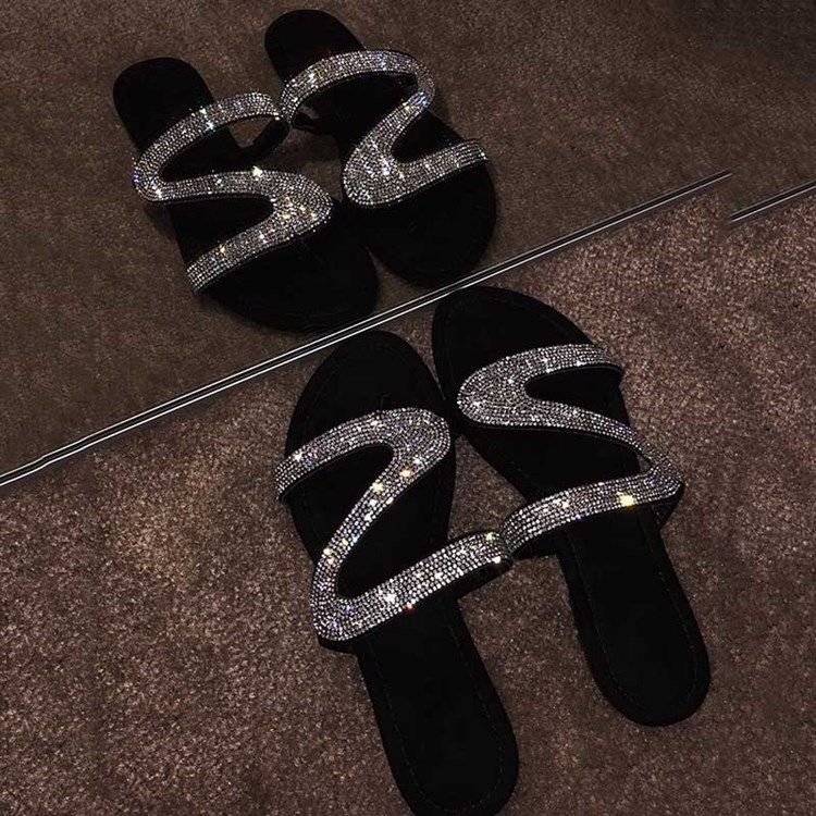 Rhinestone Slip-on Block Heel Flat Sandals För Kvinnor