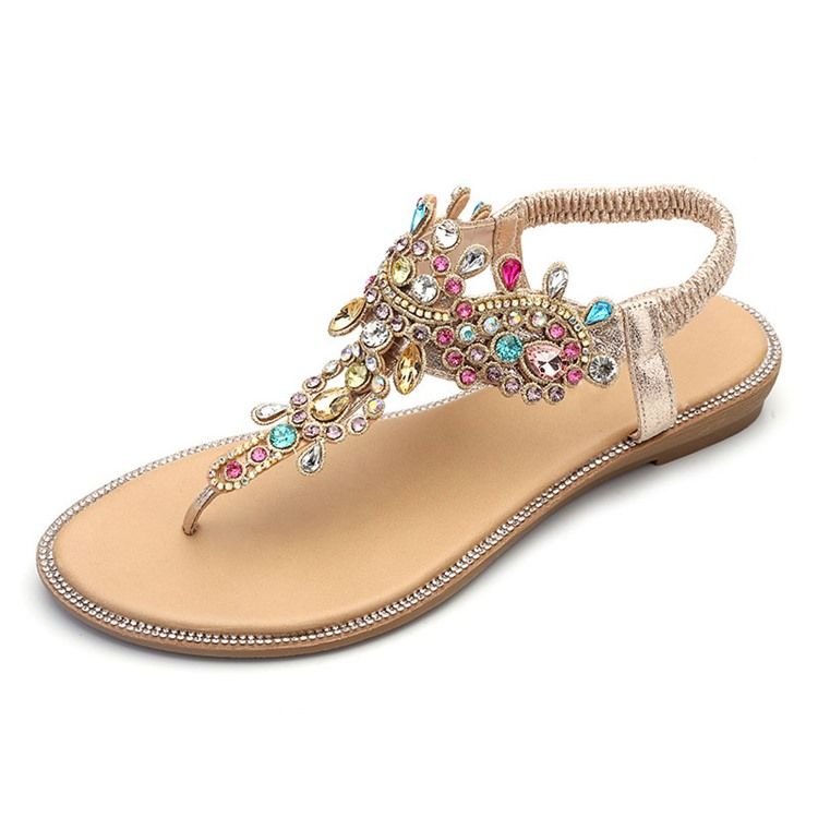 Rhinestone Thong Elastiskt Band Kvinnors Platta Sandaler