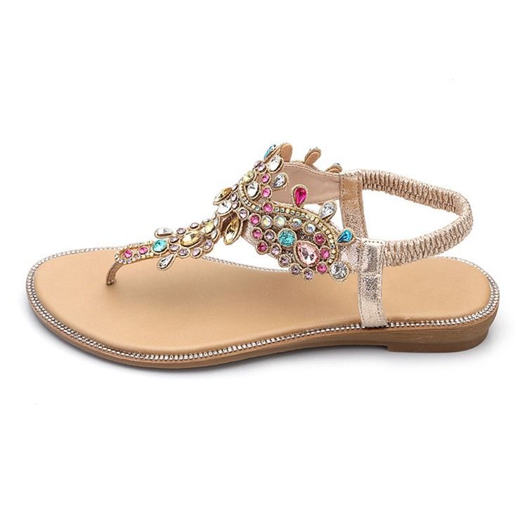 Rhinestone Thong Elastiskt Band Kvinnors Platta Sandaler