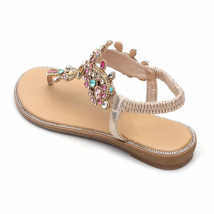 Rhinestone Thong Elastiskt Band Kvinnors Platta Sandaler