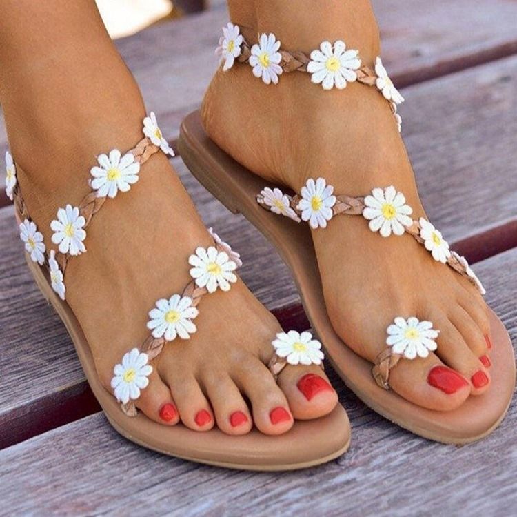 Slip-on Toe Ring Flat With Floral Women's Sandals