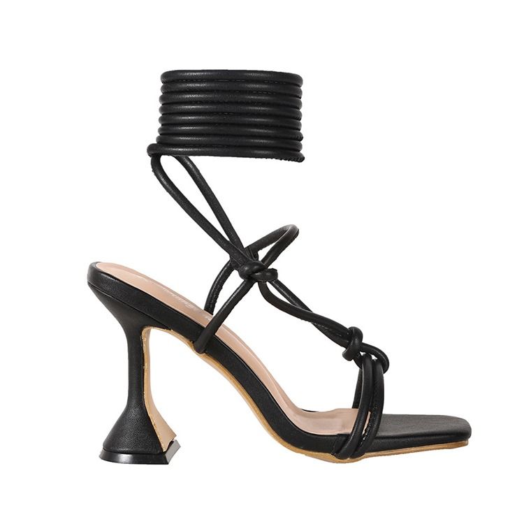 Square Toe Spool Heel Lace-up Cross Strap Dam Sandaler