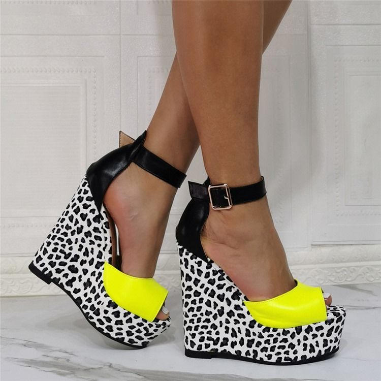 Wedge Heel Peep Toe Buckle Leopard Women's Thin Shoes