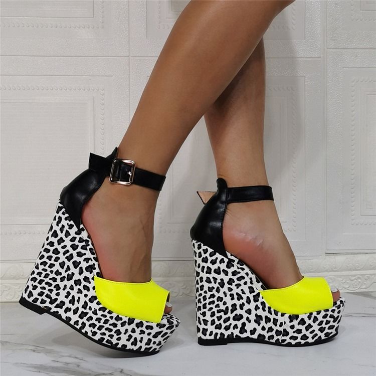 Wedge Heel Peep Toe Buckle Leopard Women's Thin Shoes