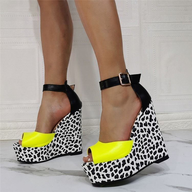 Wedge Heel Peep Toe Buckle Leopard Women's Thin Shoes