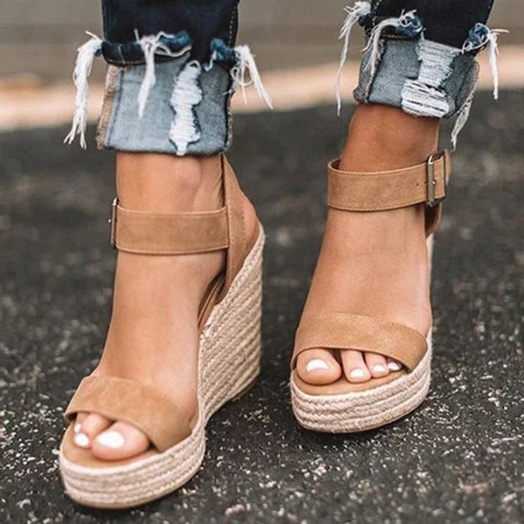 Wedge Heel Round Toe Buckle Patchwork Dam Sandaler