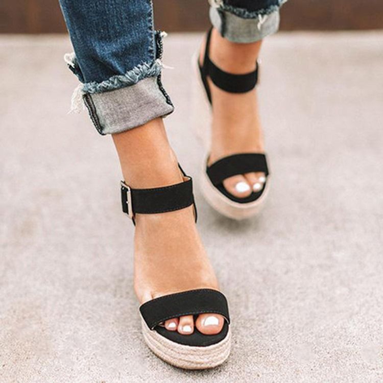 Wedge Heel Round Toe Buckle Patchwork Dam Sandaler